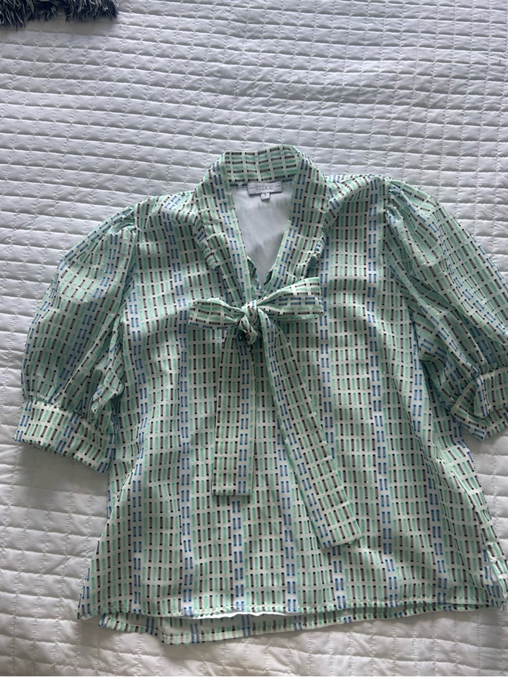 Sedge Celeste Cityscape Mint Patterned Tie-Neck Blouse